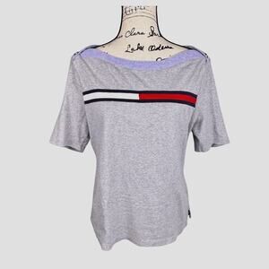 Tommy Hilfiger T-Shirt Boat Neck Oxford Trim Sz L Logo Buttons Nautical Preppy